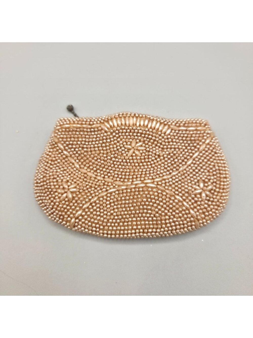 Vintage Seed Bead Small Purse Make Up Bag Floral Design Zipper Closure Beige